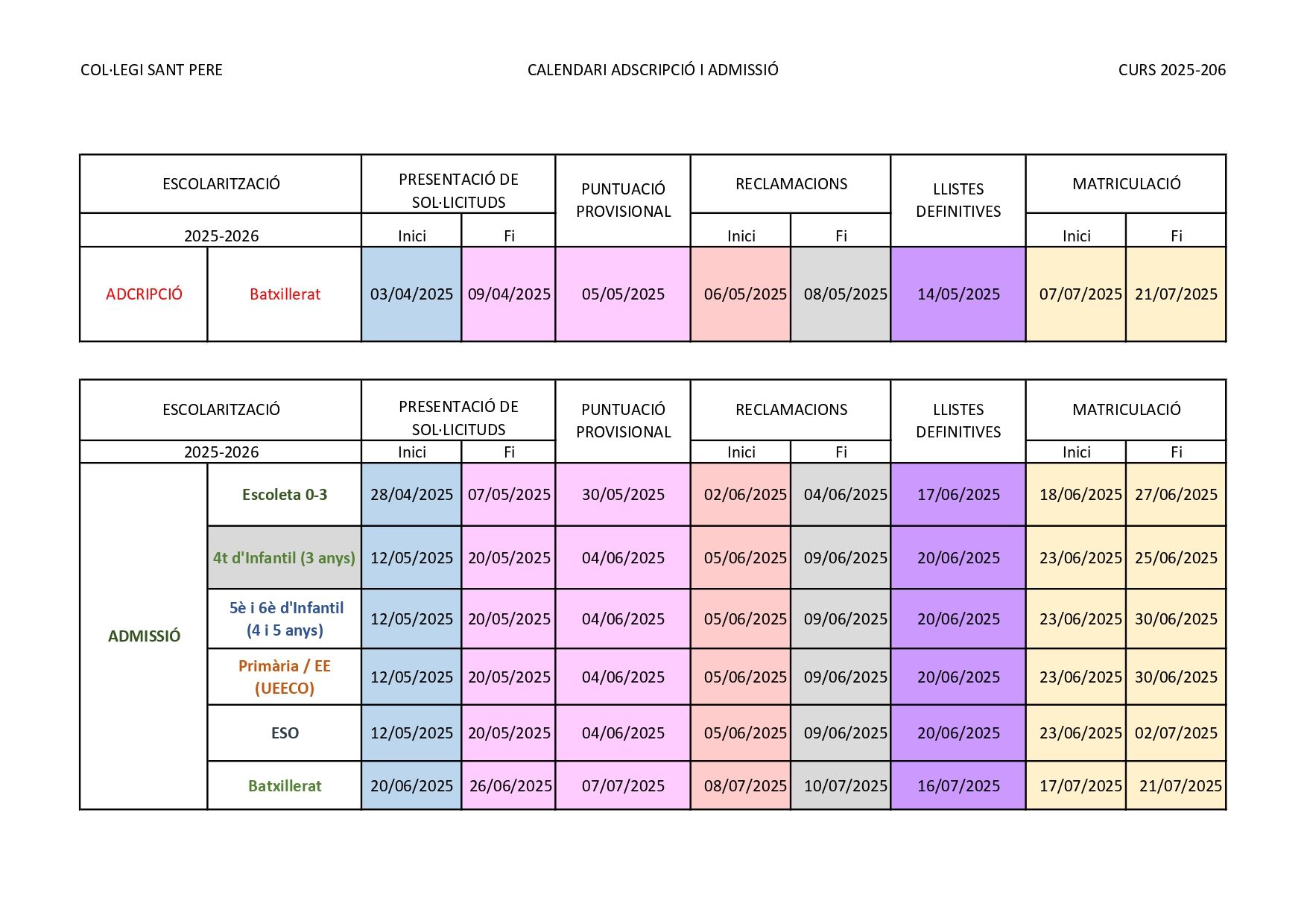 Calendari Adscripció i Admissió alumnat 2025-2026